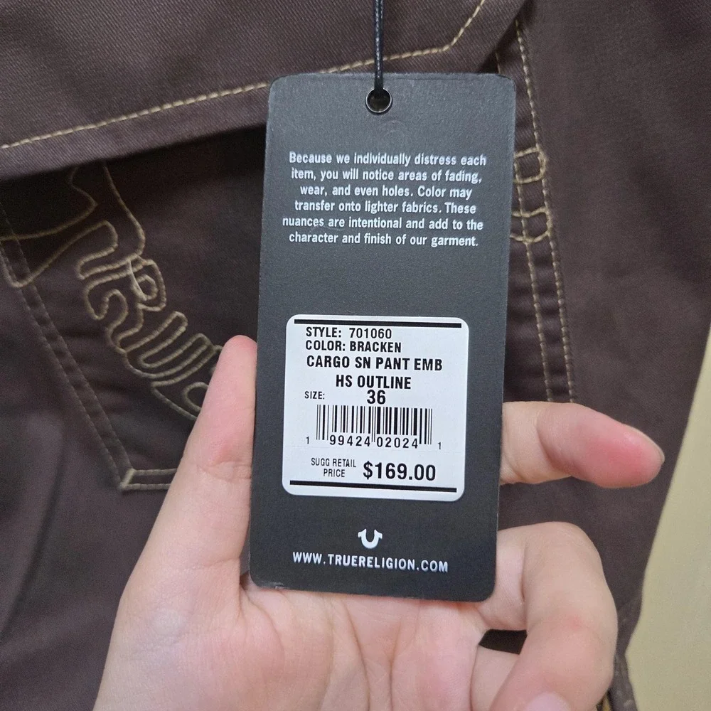 True Religion Cargo Pants Mens 36x32 Brown Relaxed Fit Embroidered Logo Pockets